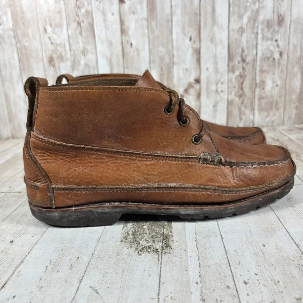 Vintage Made in USA Leather Chukka Boots Mens 10.5 D Moc Toe Vibram Gumlite Tan